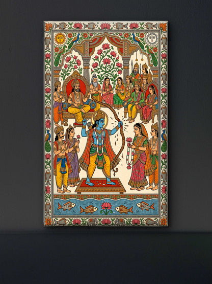 A traditional Madhubani/Mithila art depicting the wedding scene of Lord Rama and Sita-Luxurious-3D Textured Wall Art | UV Embossed Canvas Wall Frame for Home decor