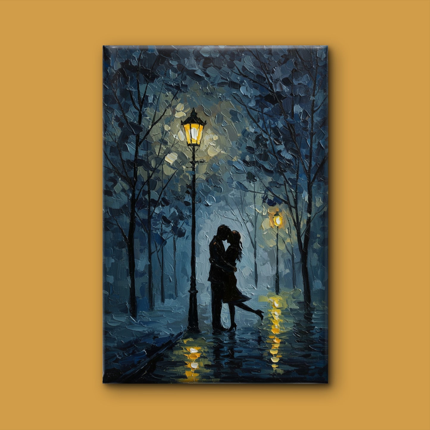 A couple embracing under streetlights on a rainy night-Luxurious-Love & Togetherness-3D Textured Wall Art | UV Embossed Canvas Wall Frame for bed room