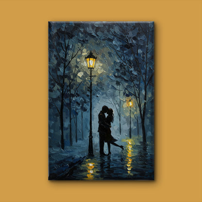 A couple embracing under streetlights on a rainy night-Luxurious-Love & Togetherness-3D Textured Wall Art | UV Embossed Canvas Wall Frame for bed room