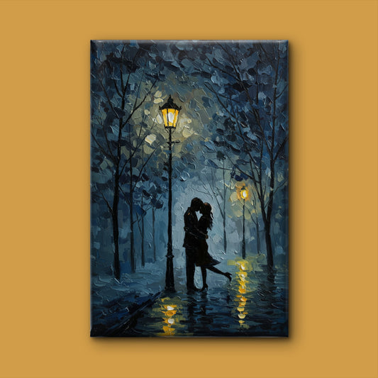 A couple embracing under streetlights on a rainy night-Luxurious-Love & Togetherness-3D Textured Wall Art | UV Embossed Canvas Wall Frame for bed room