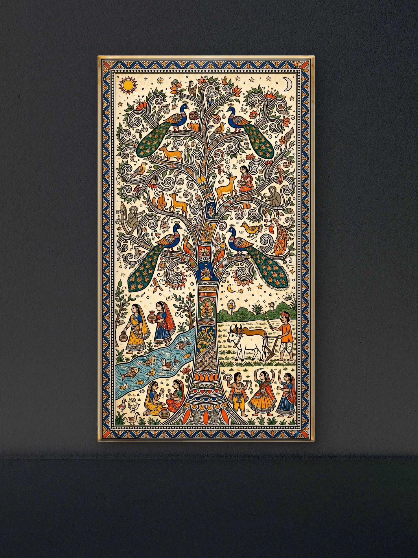 Madhubani (Mithila) -Luxurious-Culture, Heritage & Folk Art 3D Textured Wall Art | UV Printed Embossed Canvas Wall Frame for Home Decor,living Room