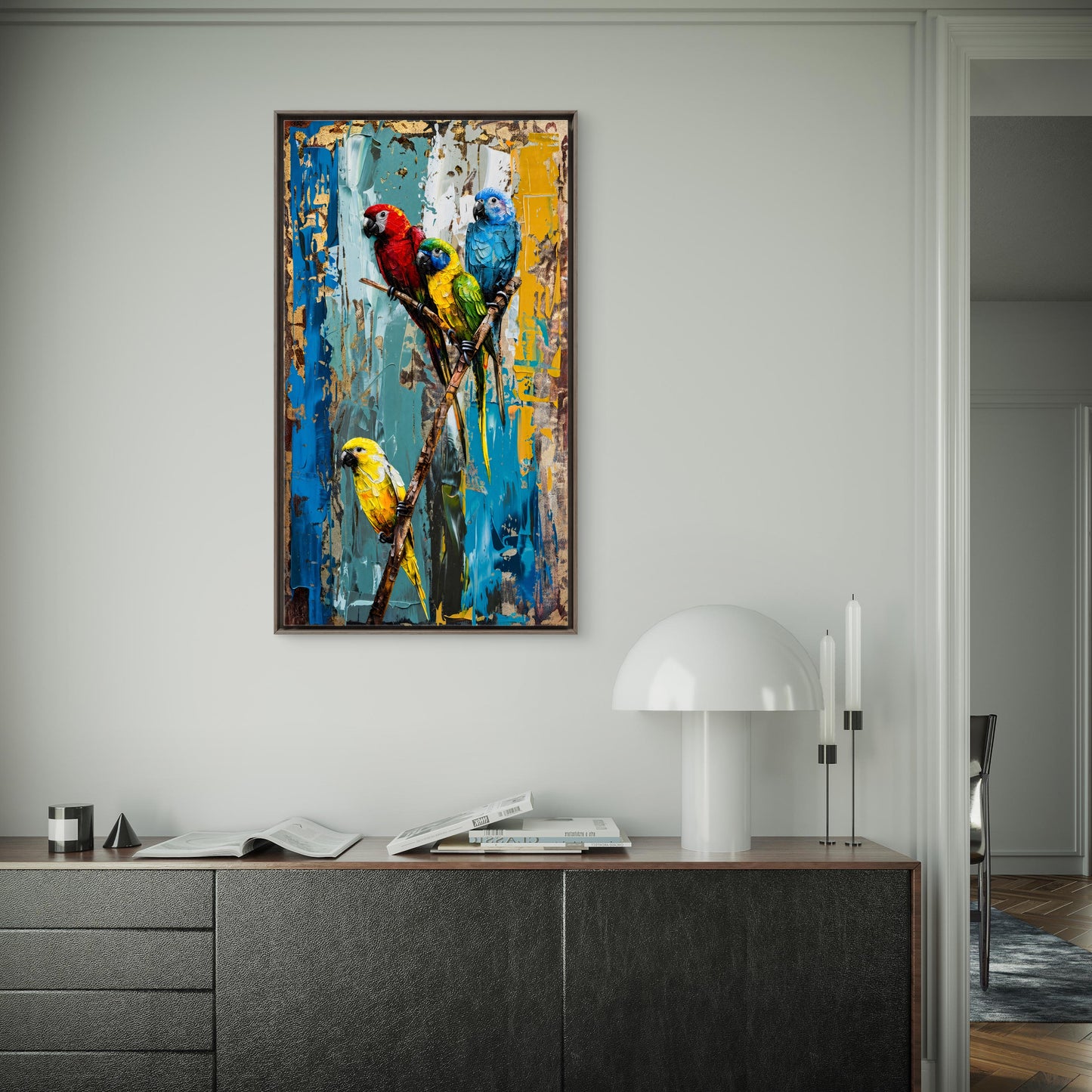 Parrots on a Branch-Luxurious-Wildlife & Animals 3D Textured Wall Art | UV Printed Embossed Canvas Wall Frame for Home Decor,living Room