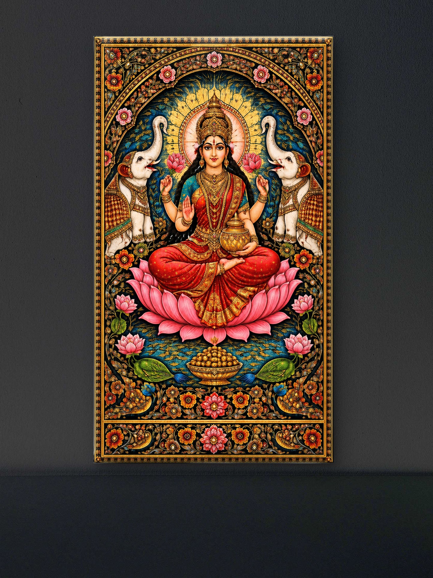 Goddess Lakshmi -Luxurious-Gods and Divine Art 3D Textured Wall Art | UV Printed Embossed Canvas Wall Frame for Home Decor,living Room
