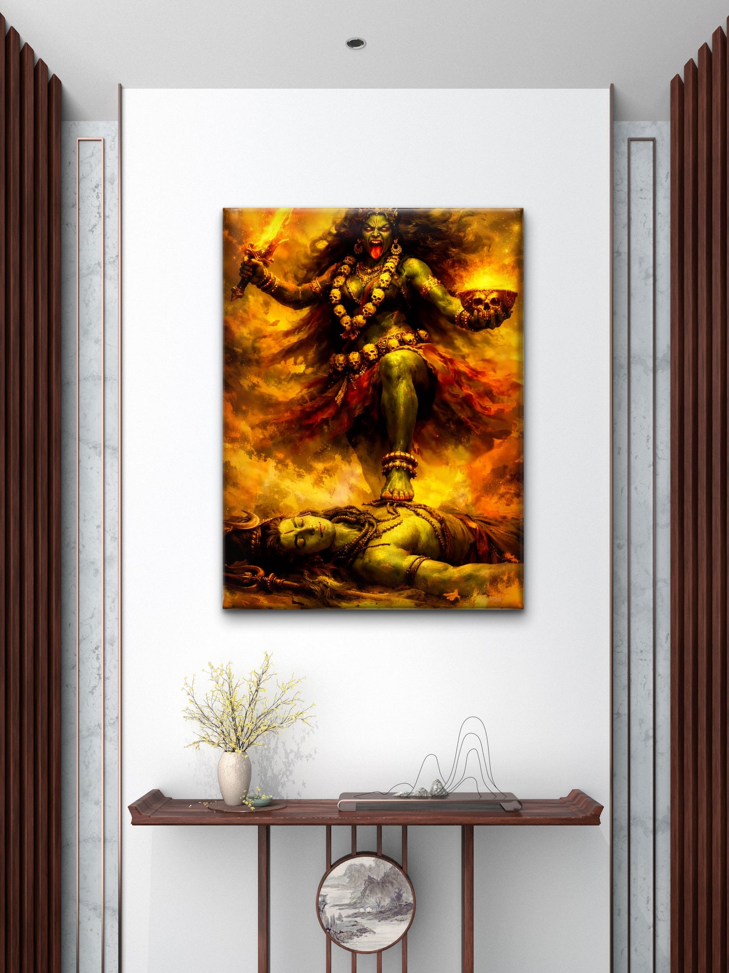 Kali’s Fiery Redemption-Luxurious-Spiritual & Mindful 3D Textured Wall Art | UV Printed Embossed Canvas Wall Frame for Prayer room ,Meditation Space