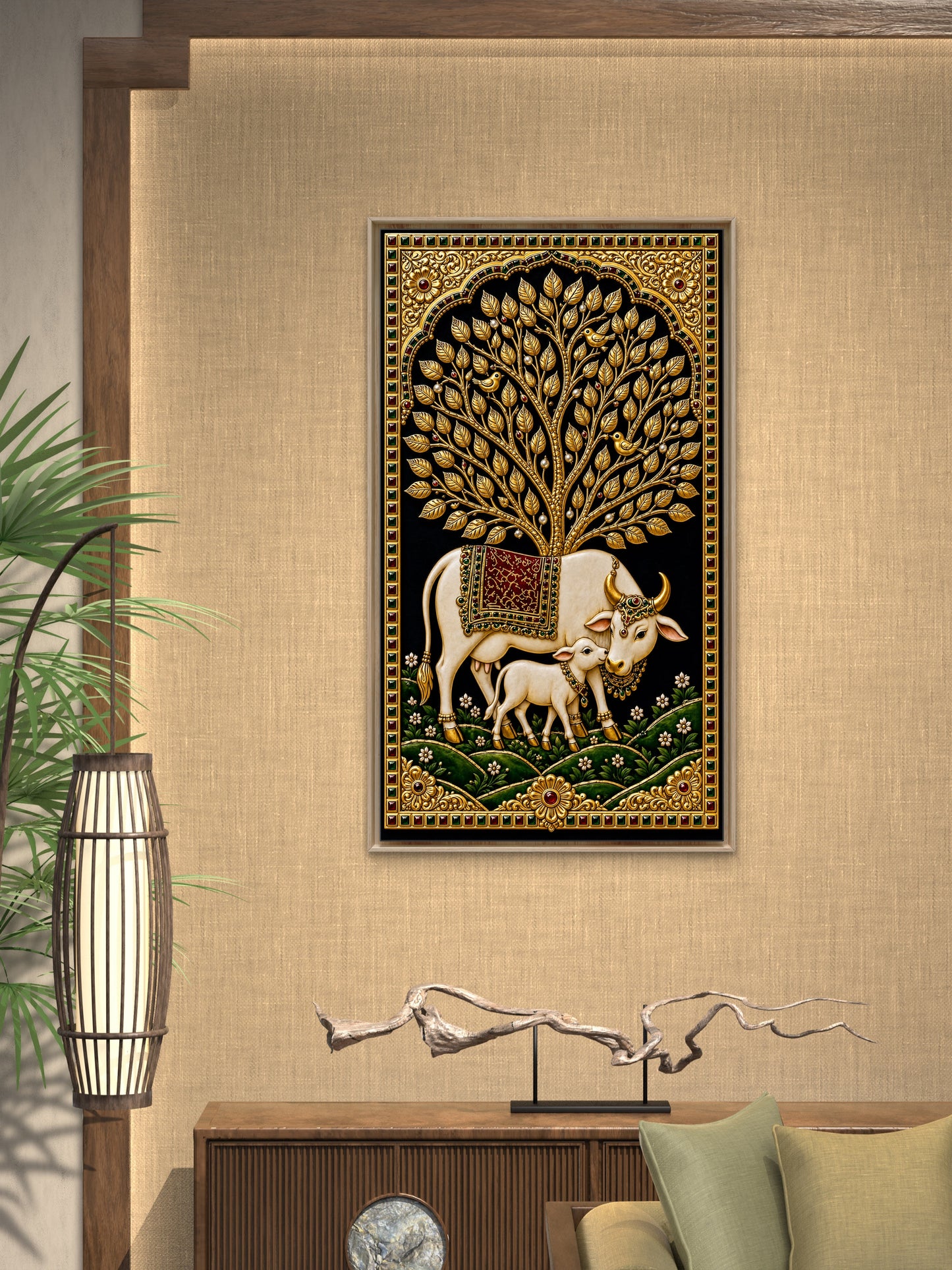 the golden cows-Luxurious-Indian Culture &  Folk Art 3D Textured Wall Art | UV Printed Embossed Canvas Wall Frame for Home Decor,living Room