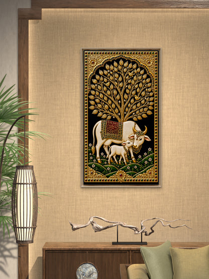 the golden cows-Luxurious-Indian Culture &  Folk Art 3D Textured Wall Art | UV Printed Embossed Canvas Wall Frame for Home Decor,living Room