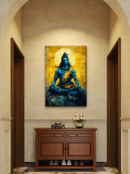 Blue Abstract Shiva with Yellow-Luxurious-Spiritual & Mindful 3D Textured Wall Art | UV Printed Embossed Canvas Wall Frame for Prayer room ,Meditation Space