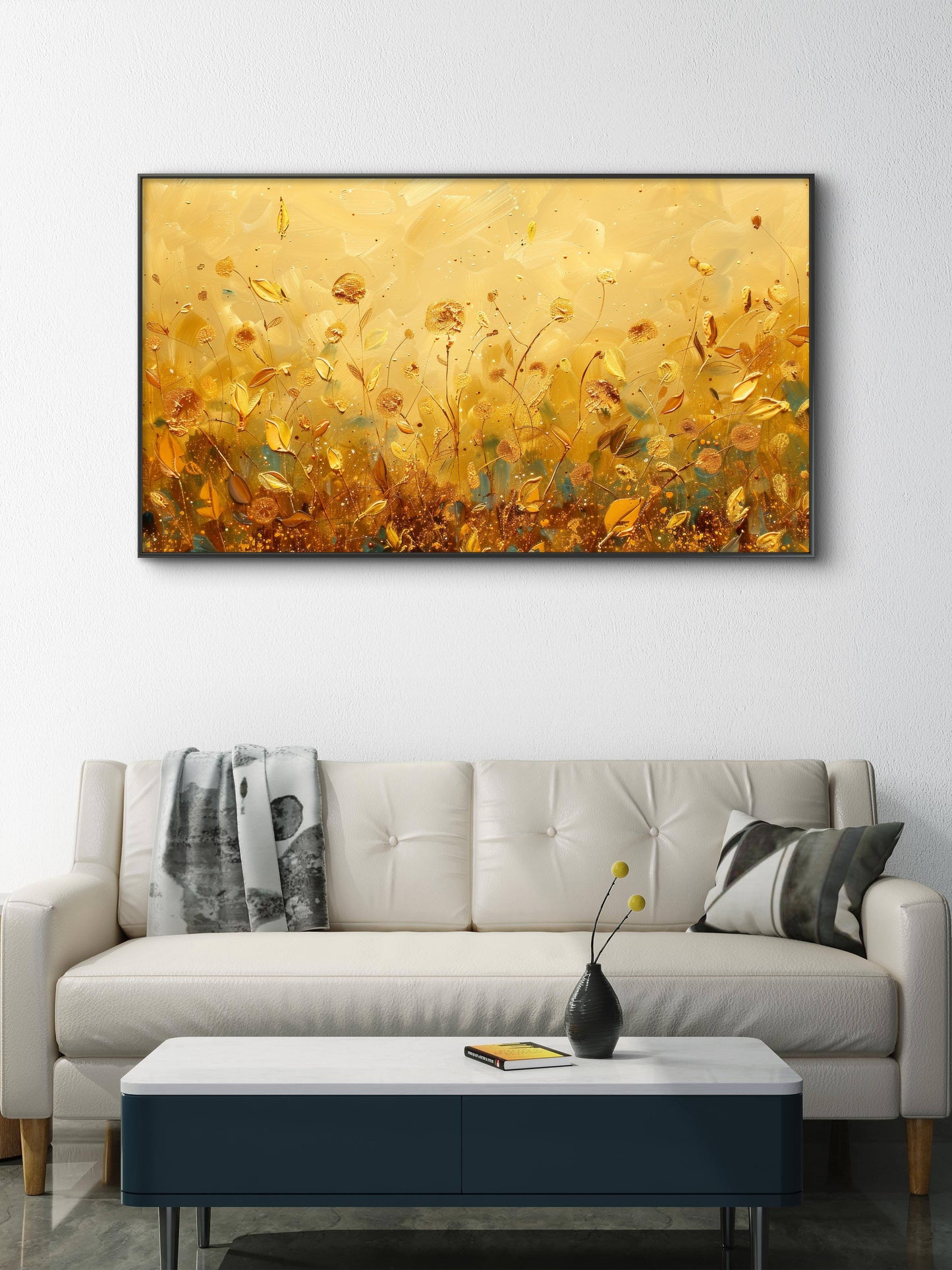 yellow-flowers-with-leaves-scattered-Luxury-Floral & Botanical-3D Textured Wall Art | UV Embossed Canvas Wall Frame for Living room and bed room