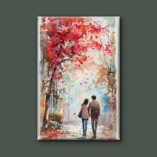 Autumn Romance A Walk in the Falling Leaves-Luxurious-Love & Togetherness-3D Textured Wall Art | UV Embossed Canvas Wall Frame for bed room