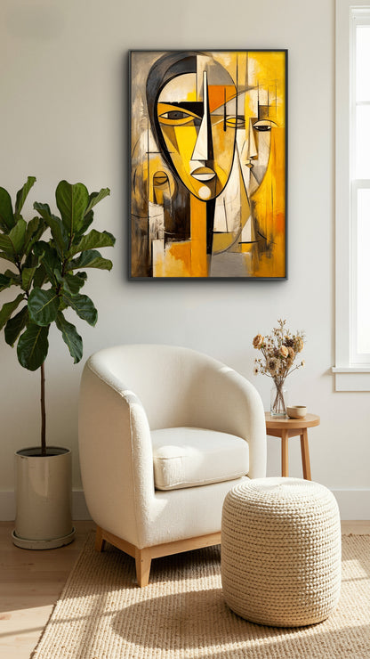 Yellow and Grey Face -Luxurious-Modern Art & Abstract| 3D Textured Wall Art | UV Printed Embossed Canvas Wall Frame for Office,Meditation Space