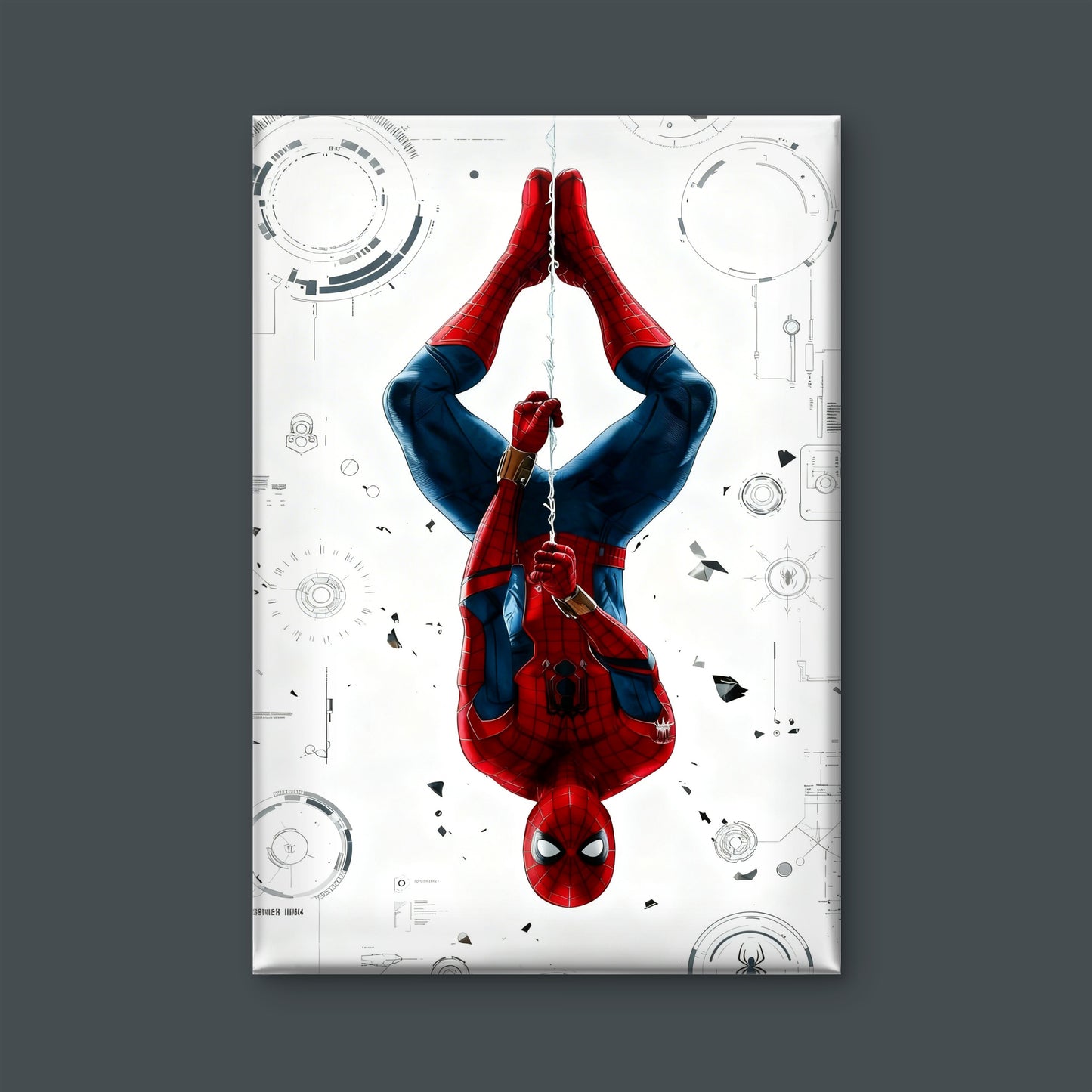 This stylized artwork featuring an upside-down Spider-Man-Luxury-Kids & Whimsical-3D Textured Wall Art | UV Embossed Canvas Wall Frame for Kids room