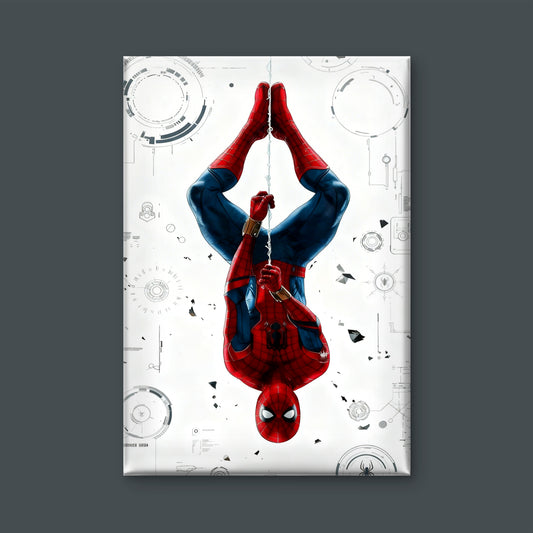 This stylized artwork featuring an upside-down Spider-Man-Luxury-Kids & Whimsical-3D Textured Wall Art | UV Embossed Canvas Wall Frame for Kids room