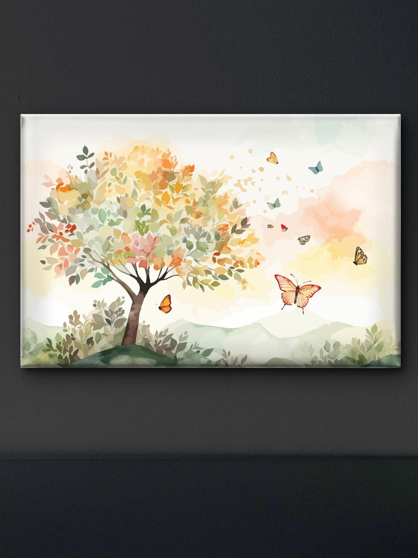Color leaves Trees With flying Butterfly Premium-Floral & Botanical-3D Textured Wall Art | UV Embossed Canvas Wall Frame for home decor and bed room