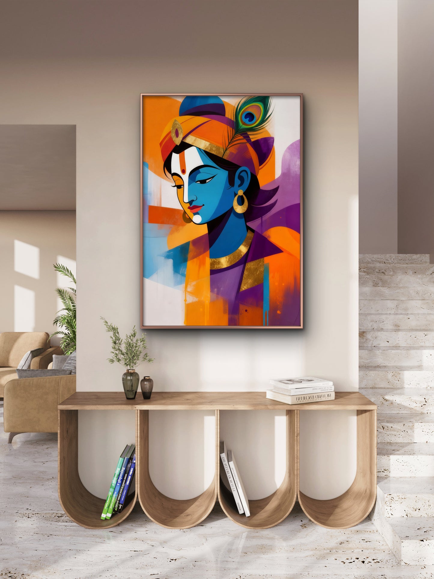 Modern Abstract Krishna Digital art-Luxurious-Spiritual & Mindful 3D Textured Wall Art | UV Printed Embossed Canvas Wall Frame for Prayer room ,Meditation Space
