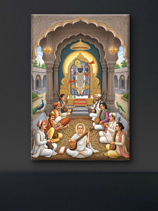 Lord Shrinathji seated on a golden throne within a temple-Luxurious-Indian Culture &  Folk Art-3D Textured Wall Art | UV Embossed Canvas Wall Frame for Home decor