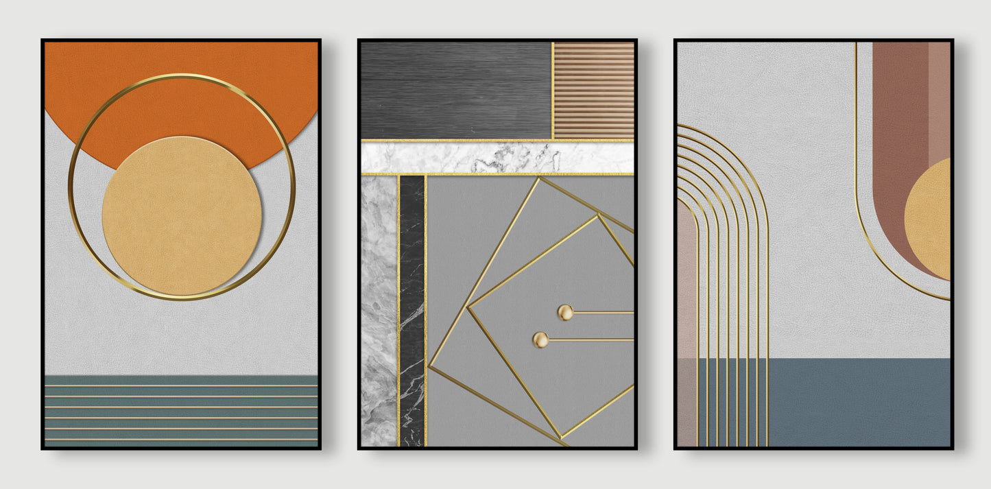 triptych-gray-gold-line-abstract-geometric-color-block-combination-luxury-3D Textured Wall Art | UV Embossed Canvas Wall Frame for Home decor