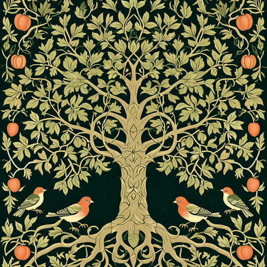 A majestic Tree of Life in the ornate style of William Morris wall art-Luxurious-Wildlife & Animals-3D Textured Wall Art | UV Embossed Canvas Wall Frame for Home decor