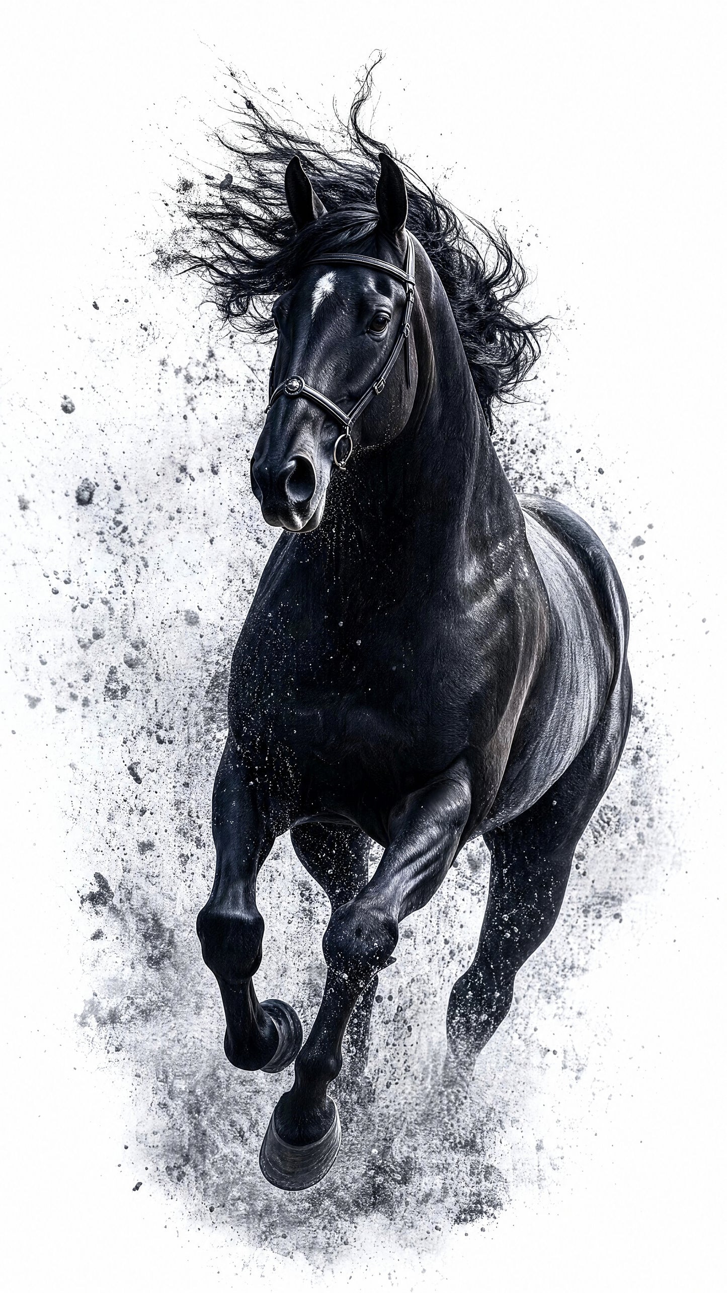 A majestic black horse running amidst a stark white background with artistic ink splatter effects-Luxurious-Wild life & animal -3D Textured Wall Art | UV Embossed Canvas Wall Frame for Home decor