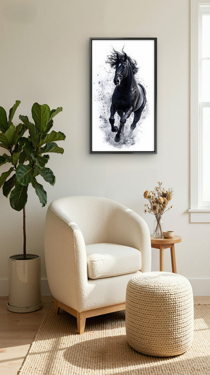 A majestic black horse running amidst a stark white background with artistic ink splatter effects-Luxurious-Wild life & animal -3D Textured Wall Art | UV Embossed Canvas Wall Frame for Home decor