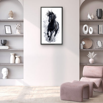 A majestic black horse running amidst a stark white background with artistic ink splatter effects-Luxurious-Wild life & animal -3D Textured Wall Art | UV Embossed Canvas Wall Frame for Home decor