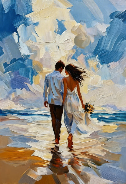 A couple walking in the water-Luxurious-Love & Togetherness-3D Textured Wall Art | UV Embossed Canvas Wall Frame for bed room