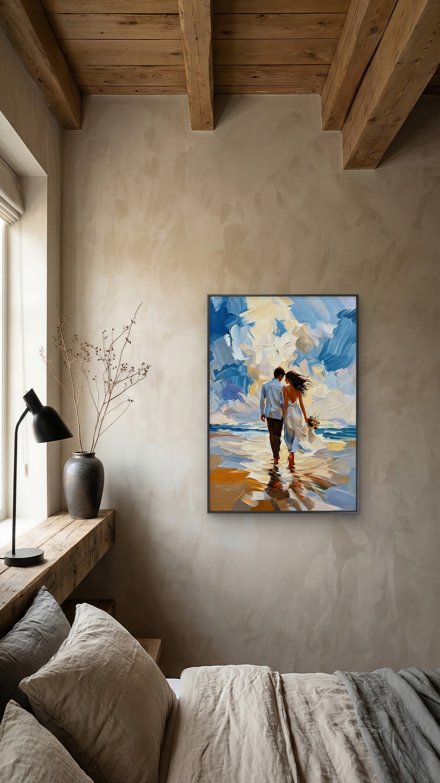 A couple walking in the water-Luxurious-Love & Togetherness-3D Textured Wall Art | UV Embossed Canvas Wall Frame for bed room
