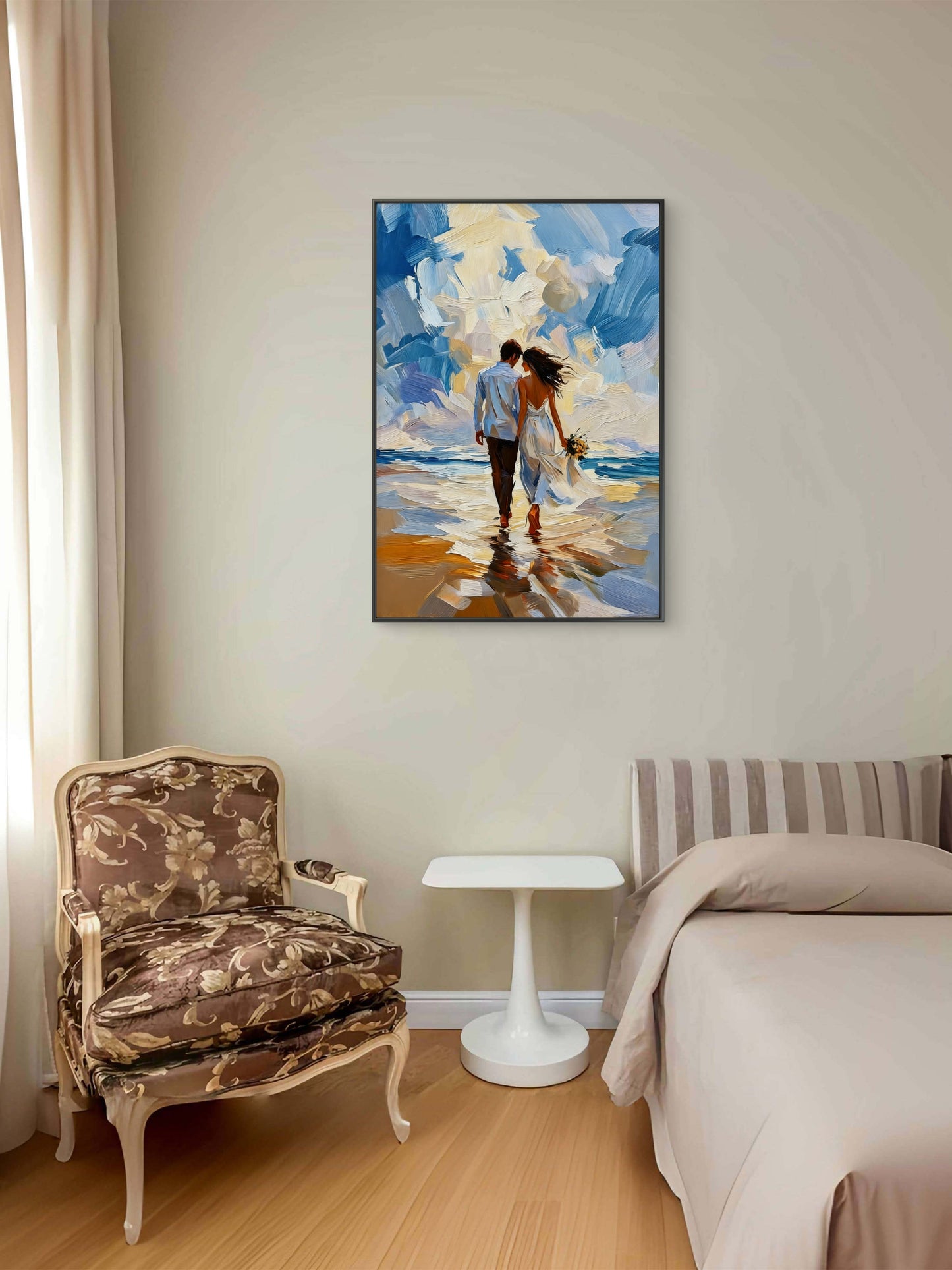 A couple walking in the water-Luxurious-Love & Togetherness-3D Textured Wall Art | UV Embossed Canvas Wall Frame for bed room