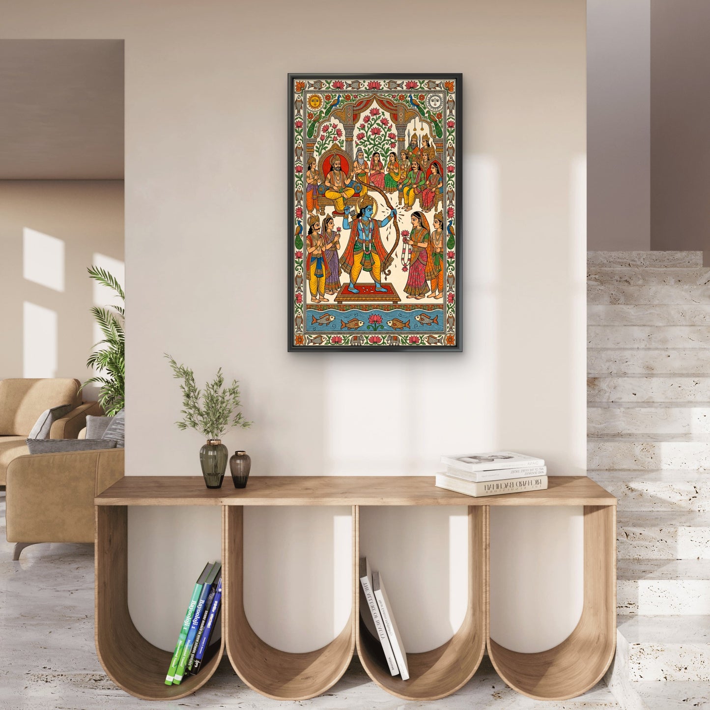 A traditional Madhubani/Mithila art depicting the wedding scene of Lord Rama and Sita-Luxurious-3D Textured Wall Art | UV Embossed Canvas Wall Frame for Home decor