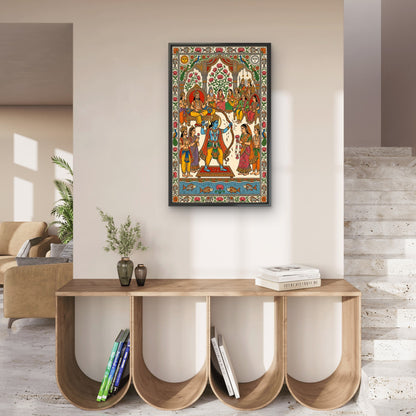 A traditional Madhubani/Mithila art depicting the wedding scene of Lord Rama and Sita-Luxurious-3D Textured Wall Art | UV Embossed Canvas Wall Frame for Home decor