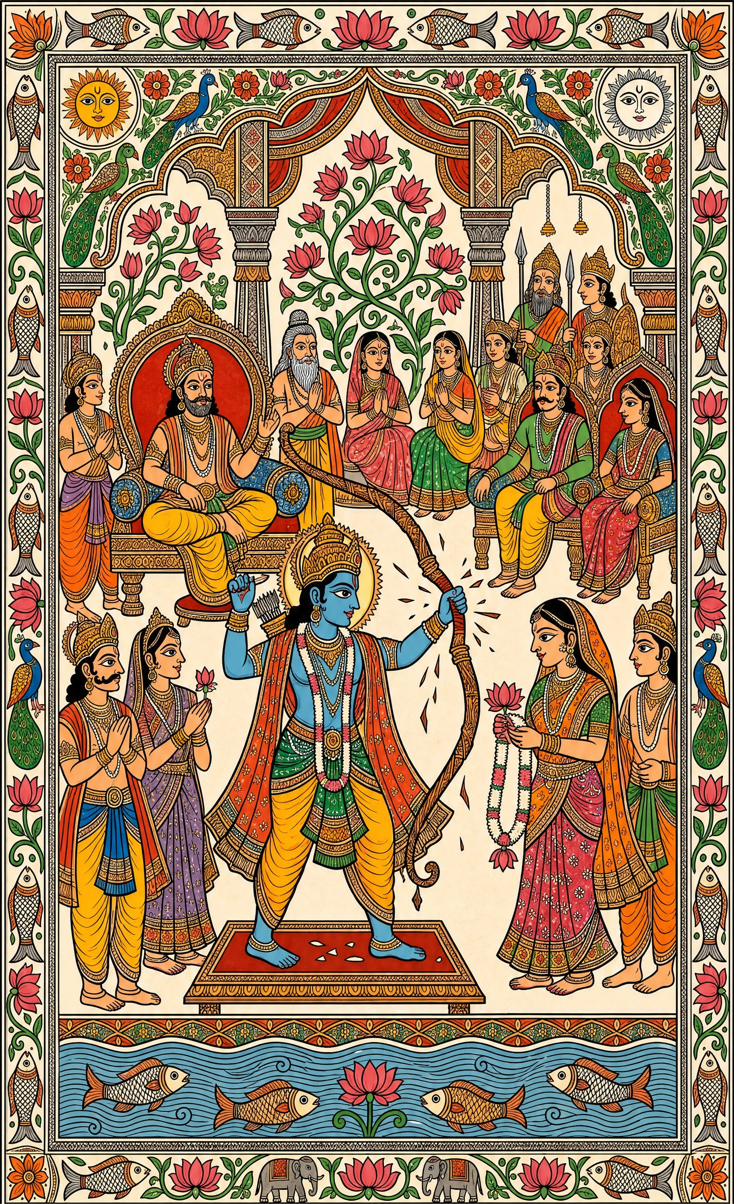 A traditional Madhubani/Mithila art depicting the wedding scene of Lord Rama and Sita-Luxurious-3D Textured Wall Art | UV Embossed Canvas Wall Frame for Home decor