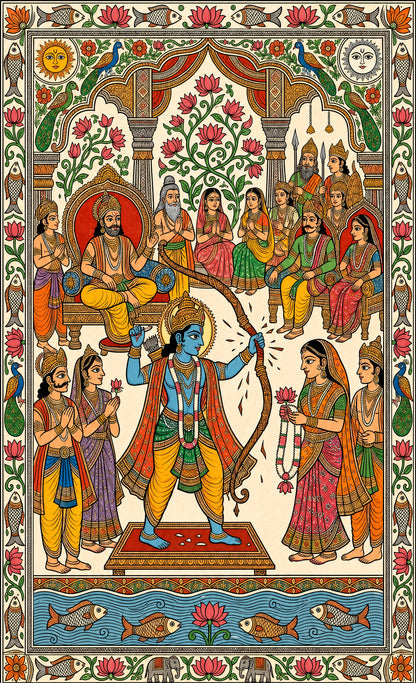 A traditional Madhubani/Mithila art depicting the wedding scene of Lord Rama and Sita-Luxurious-3D Textured Wall Art | UV Embossed Canvas Wall Frame for Home decor