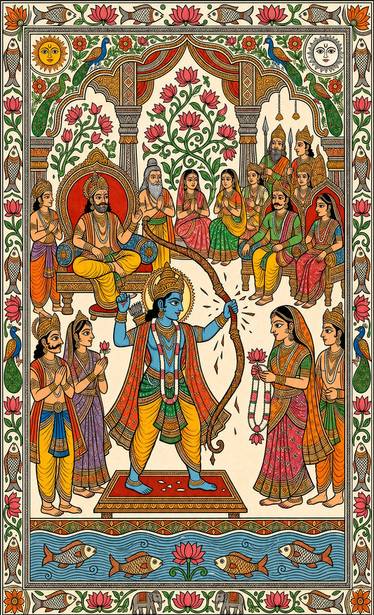 A traditional Indian folk art depicting the wedding scene of Lord Rama and Sita-Luxurious-Indian Culture &  Folk Art-3D Textured Wall Art | UV Embossed Canvas Wall Frame for Home decor