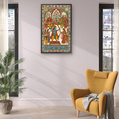 A traditional Madhubani/Mithila art depicting the wedding scene of Lord Rama and Sita-Luxurious-3D Textured Wall Art | UV Embossed Canvas Wall Frame for Home decor
