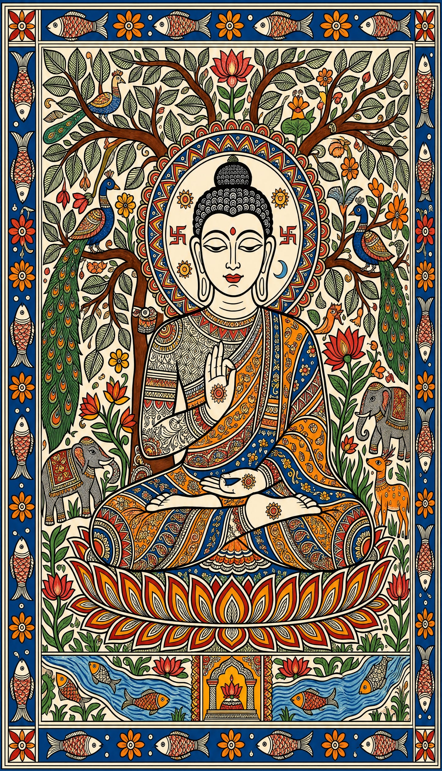 A traditional Madhubani style painting depicting Lord Buddha meditating under a tree-Luxurious-Indian Culture &  Folk Art-3D Textured Wall Art | UV Embossed Canvas Wall Frame for Home decor
