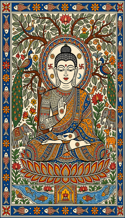 A traditional Madhubani style painting depicting Lord Buddha meditating under a tree-Luxurious-Indian Culture &  Folk Art-3D Textured Wall Art | UV Embossed Canvas Wall Frame for Home decor