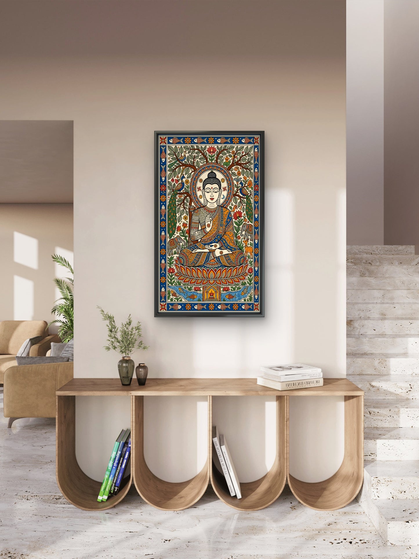 A traditional Madhubani style painting depicting Lord Buddha meditating under a tree-Luxurious-Indian Culture &  Folk Art-3D Textured Wall Art | UV Embossed Canvas Wall Frame for Home decor