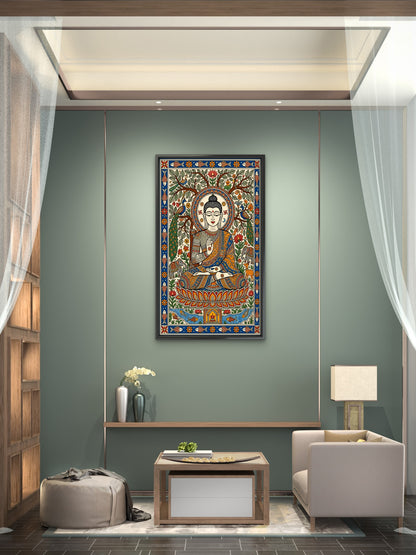 A traditional Madhubani style painting depicting Lord Buddha meditating under a tree-Luxurious-Indian Culture &  Folk Art-3D Textured Wall Art | UV Embossed Canvas Wall Frame for Home decor