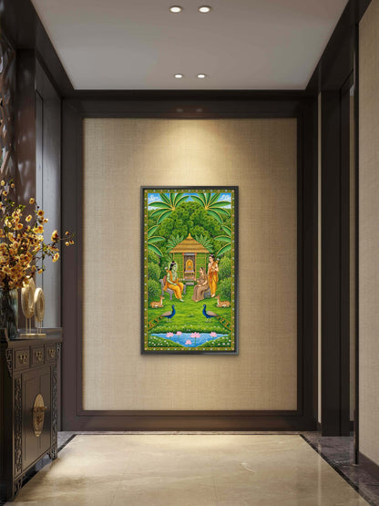 A traditional Pichwai painting depicting Lord Rama, Sita, and Lakshmana in a serene forest setting-Luxurious-Indian Culture &  Folk Art-3D Textured Wall Art | UV Embossed Canvas Wall Frame for Home decor