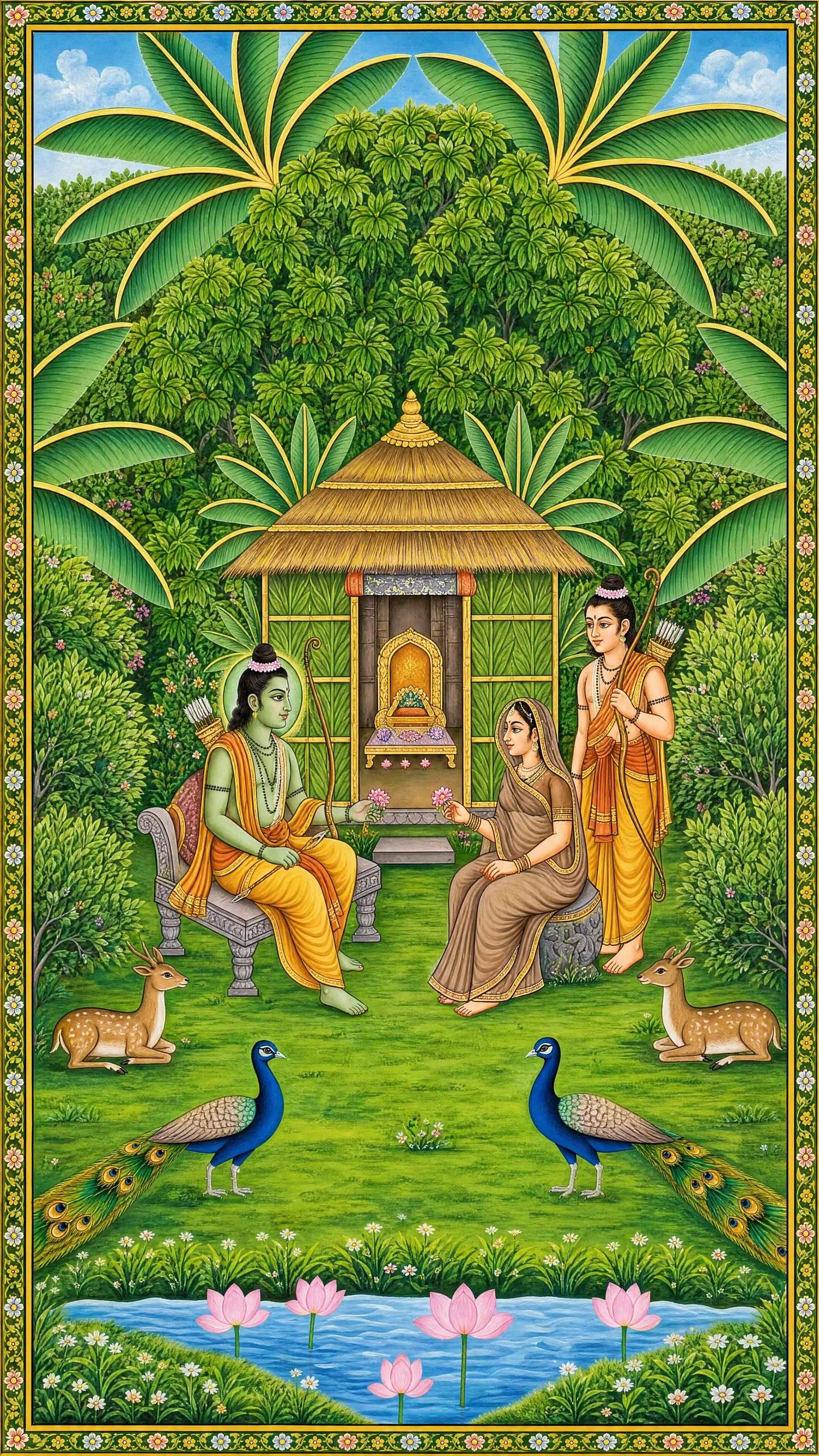 A traditional Pichwai painting depicting Lord Rama, Sita, and Lakshmana in a serene forest setting-Luxurious-Indian Culture &  Folk Art-3D Textured Wall Art | UV Embossed Canvas Wall Frame for Home decor