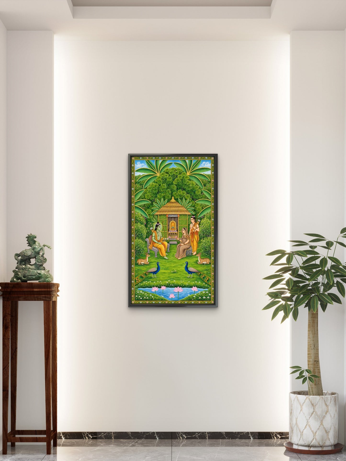 A traditional Pichwai painting depicting Lord Rama, Sita, and Lakshmana in a serene forest setting-Luxurious-Indian Culture &  Folk Art-3D Textured Wall Art | UV Embossed Canvas Wall Frame for Home decor