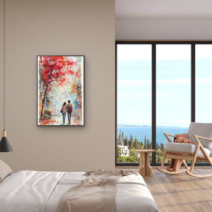 Autumn Romance A Walk in the Falling Leaves-Luxurious-Love & Togetherness-3D Textured Wall Art | UV Embossed Canvas Wall Frame for bed room
