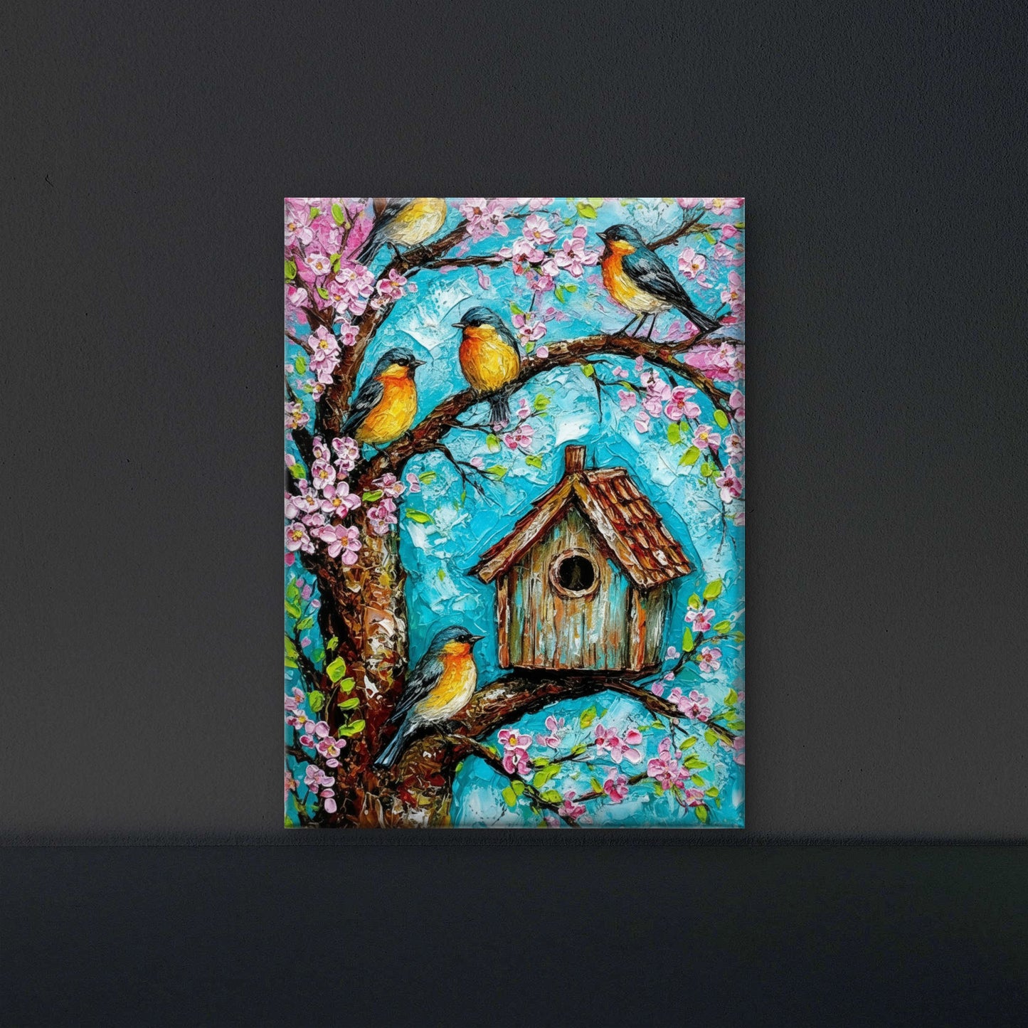 Birdhouse in the Cherry Tree-Luxurious-Wildlife & Animals-3D Textured Wall Art | UV Embossed Canvas Wall Frame for Home decor