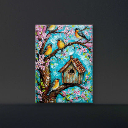 Birdhouse in the Cherry Tree-Luxurious-Wildlife & Animals-3D Textured Wall Art | UV Embossed Canvas Wall Frame for Home decor