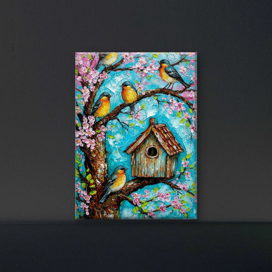 Birdhouse in the Cherry Tree-Luxurious-Wildlife & Animals-3D Textured Wall Art | UV Embossed Canvas Wall Frame for Home decor