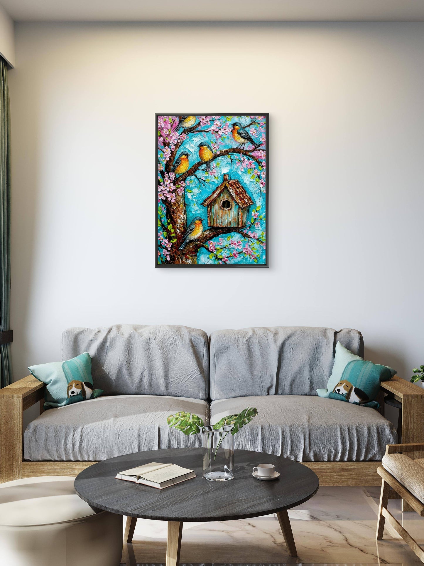 Birdhouse in the Cherry Tree-Luxurious-Wildlife & Animals-3D Textured Wall Art | UV Embossed Canvas Wall Frame for Home decor