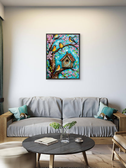 Birdhouse in the Cherry Tree-Luxurious-Wildlife & Animals-3D Textured Wall Art | UV Embossed Canvas Wall Frame for Home decor