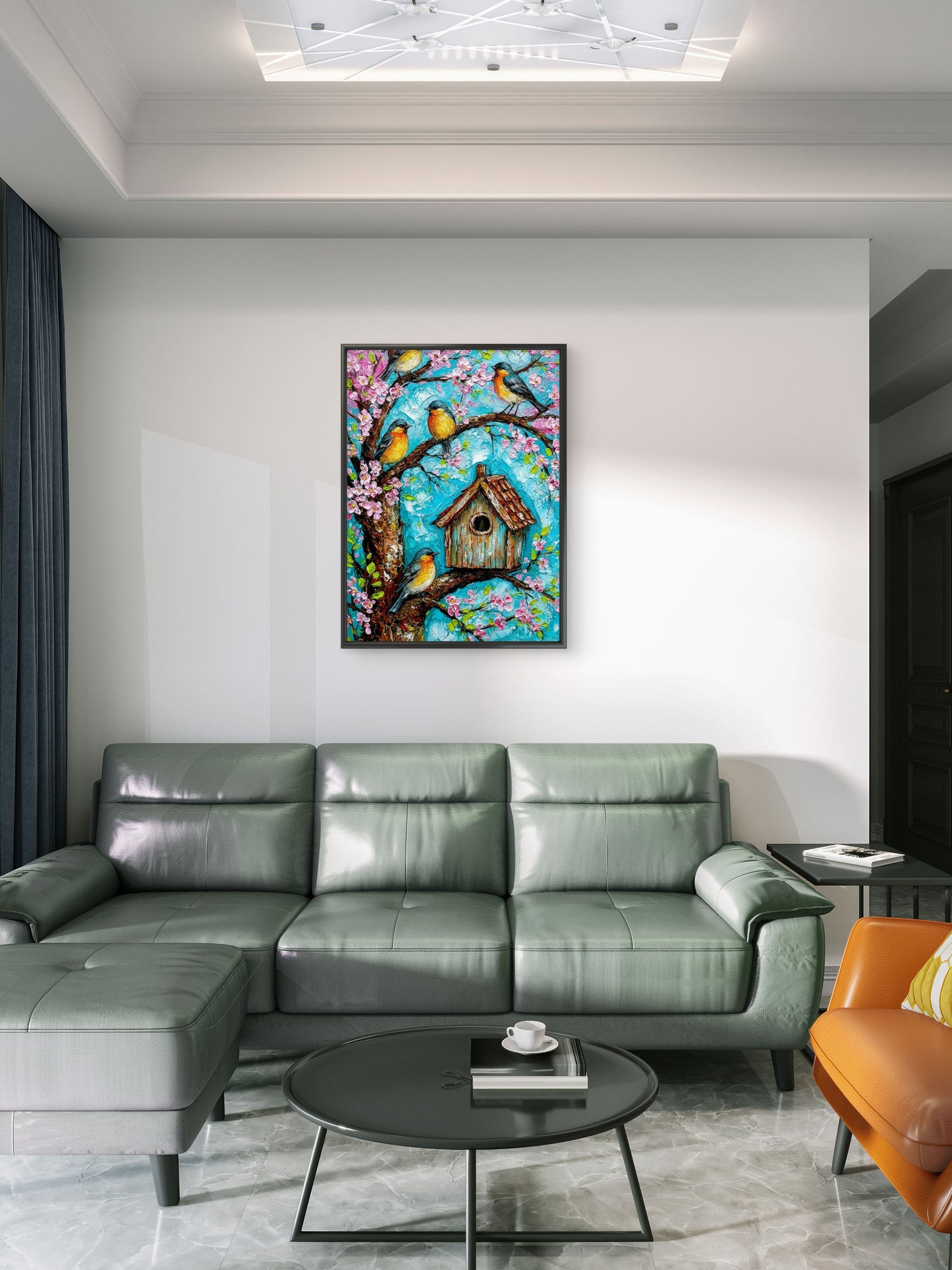 Birdhouse in the Cherry Tree-Luxurious-Wildlife & Animals-3D Textured Wall Art | UV Embossed Canvas Wall Frame for Home decor