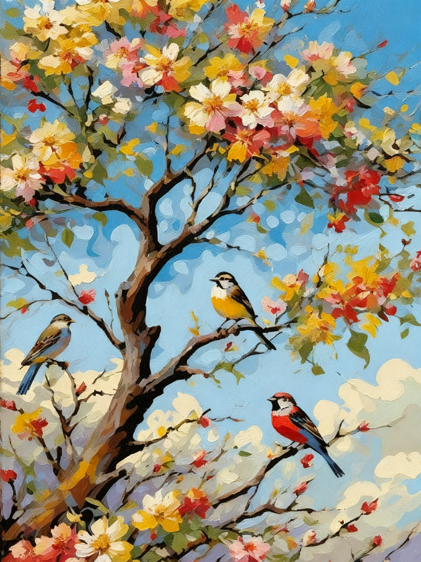 Birds of the Flowering Branch-Luxurious-Wildlife & Animals-3D Textured Wall Art | UV Embossed Canvas Wall Frame for Home decor