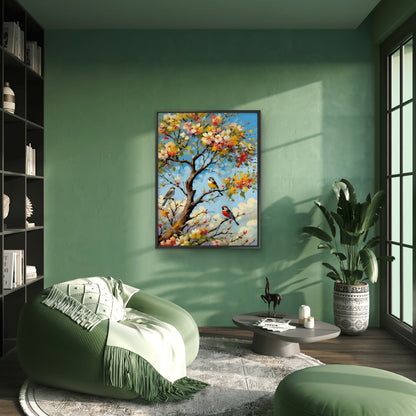 Birds of the Flowering Branch-Luxurious-Wildlife & Animals-3D Textured Wall Art | UV Embossed Canvas Wall Frame for Home decor