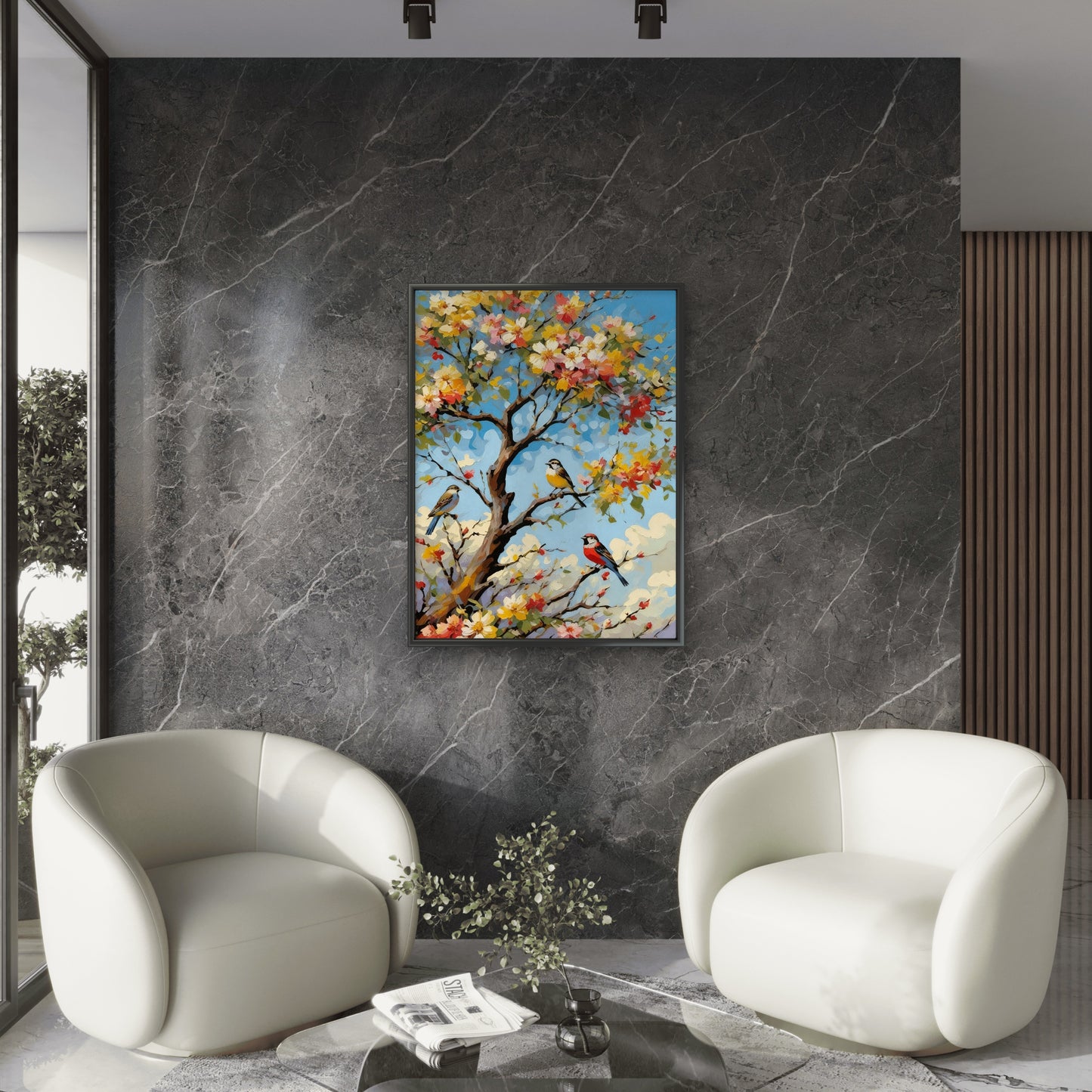 Birds of the Flowering Branch-Luxurious-Wildlife & Animals-3D Textured Wall Art | UV Embossed Canvas Wall Frame for Home decor